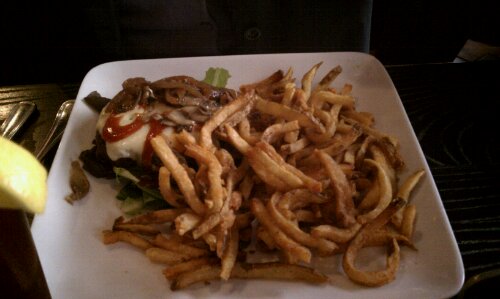 Burgatory burger served full monty with fries