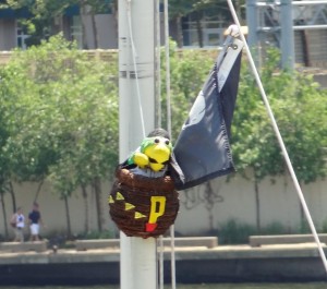 Parrot mascot on a docked boat