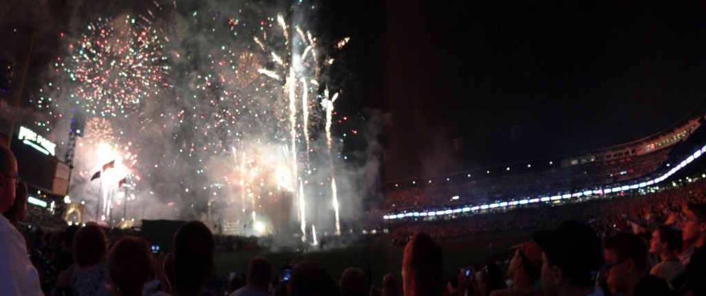 Panorama inside PNC Park during fireworks